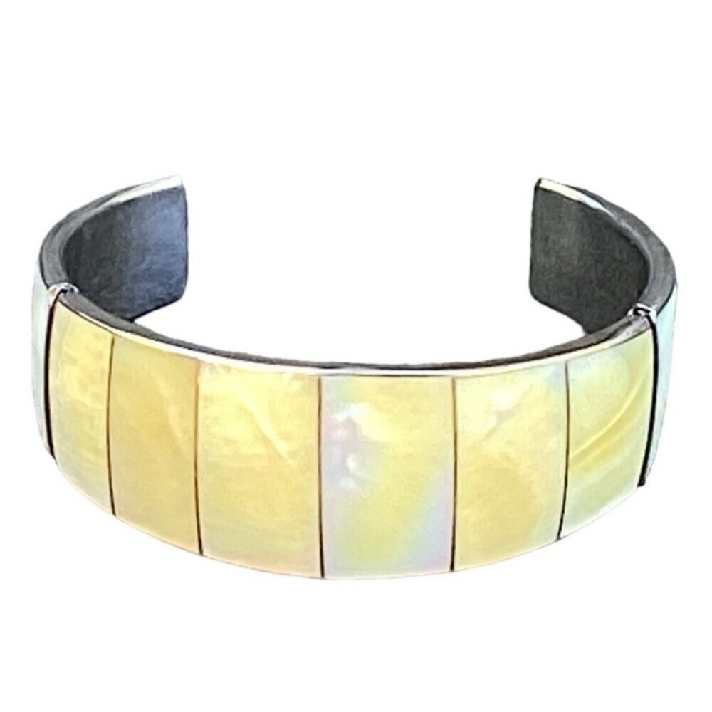 Handmade Silver Tone Cuff Bracelet with Champagne Mother of Pearl Inlay - Picture 2 of 6